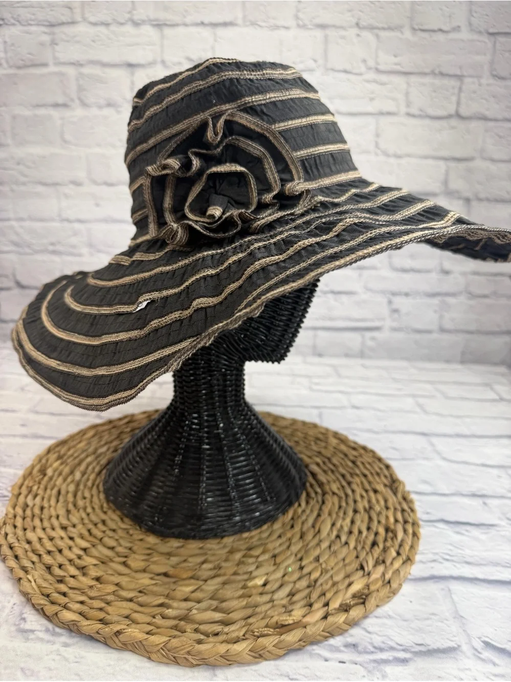 Milani Black Wide-Brim Sun Hat with Tan Stripes and Flower Accent